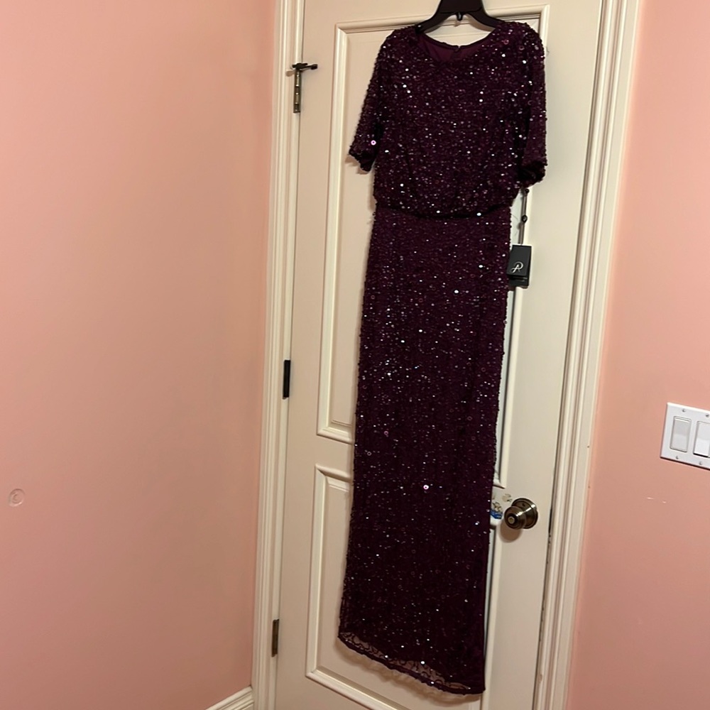 Adrianna Papell purple sequined evening gown.